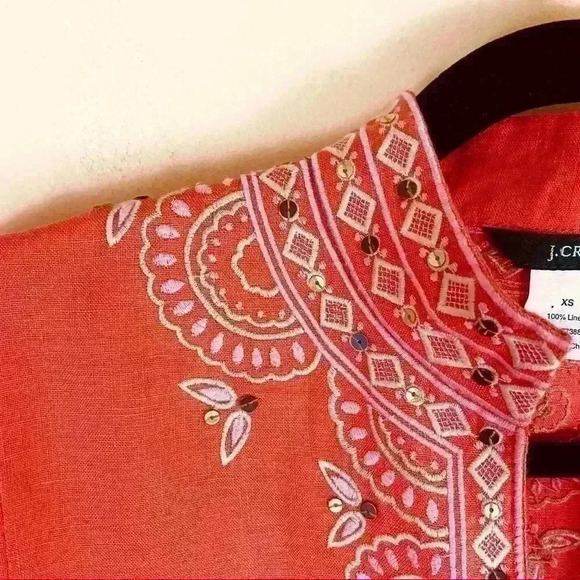 J. Crew Coral Embroidered Embellished V-Neck Linen Kimono Tunic Top Size XS - Picture 6 of 12